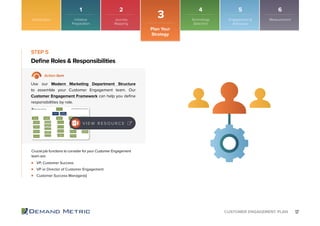 17CUSTOMER ENGAGEMENT PLAN
VP, Customer Success
VP or Director of Customer Engagement
Customer Success Manager(s)
Deﬁne Roles & Responsibilities
STEP 5
Action Item
Use our Modern Marketing Department Structure
to assemble your Customer Engagement team. Our
Customer Engagement Framework can help you deﬁne
responsibilities by role.
Crucial job functions to consider for your Customer Engagement
team are:
V I E W R E S O U R C E
Introduction
Plan Your
Strategy
3
1 2 4 5 6
Initiative
Preparation
Journey
Mapping
Technology
Selection
Engagement &
Advocacy
Measurement
 
