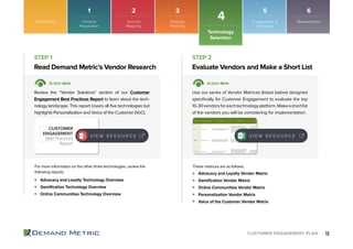 19CUSTOMER ENGAGEMENT PLAN
Introduction
Technology
Selection
4
Advocacy and Loyalty Technology Overview
Gamiﬁcation Technology Overview
Online Communities Technology Overview
Advocacy and Loyalty Vendor Matrix
Gamiﬁcation Vendor Matrix
Online Communities Vendor Matrix
Personalization Vendor Matrix
Voice of the Customer Vendor Matrix
Read Demand Metric’s Vendor Research Evaluate Vendors and Make a Short List
STEP 1 STEP 2
Action Item Action Item
Review the “Vendor Solutions” section of our Customer
Engagement Best Practices Report to learn about the tech-
nology landscape. This report covers all ﬁve technologies but
highlights Personalization and Voice of the Customer (VoC).
Use our series of Vendor Matrices (listed below) designed
speciﬁcally for Customer Engagement to evaluate the top
10-30vendorsforeachtechnologyplatform.Makeashortlist
of the vendors you will be considering for implementation.
For more information on the other three technologies, review the
following reports:
These matrices are as follows:
CUSTOMER
ENGAGEMENT
Best Practices
Report
V I E W R E S O U R C E V I E W R E S O U R C E
1 2 3 5 6
Initiative
Preparation
Journey
Mapping
Strategy
Planning
Engagement &
Advocacy
Measurement
 