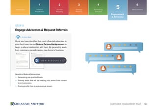 24CUSTOMER ENGAGEMENT PLAN
STEP 5
Generating pre-qualiﬁed leads
Gaining leads that will be hearing your praise from current
brand advocates
Driving proﬁts from a new revenue stream
Engage Advocates & Request Referrals
Action Item
Once you have identiﬁed the most inﬂuential advocates in
your client base, use our Referral Partnership Agreement to
begin a referral relationship with them. By generating leads
from customers, you will create a new funnel of business.
Beneﬁts of Referral Partnerships:
V I E W R E S O U R C E
Introduction
Engagement
& Advocacy
5
1 2 3 4 6
Initiative
Preparation
Journey
Mapping
Strategy
Planning
Technology
Selection
Measurement
 