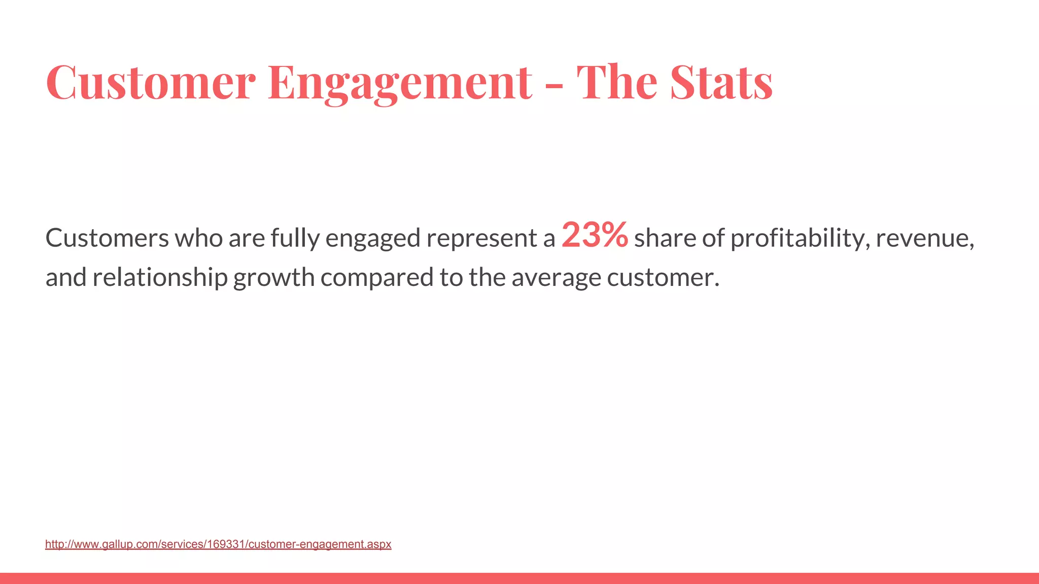 Customer Engagement - The Stats
Customers who are fully engaged represent a 23%share of profitability, revenue,
and relationship growth compared to the average customer.
http://www.gallup.com/services/169331/customer-engagement.aspx
 