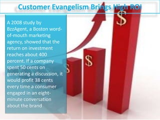 Customer Evangelism Brings High ROIA 2008 study by BzzAgent, a Boston word-of-mouth marketing agency, showed that the return on investment reaches about 400 percent. If a company spent 50 cents on generating a discussion, it would profit 38 cents every time a consumer engaged in an eight-minute conversation about the brand