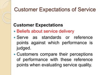 Customer Expectations of Service
Customer Expectations
 Beliefs about service delivery
 Serve as standards or reference
points against which performance is
judged.
 Customers compare their perceptions
of performance with these reference
points when evaluating service quality.
 