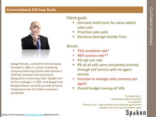 CUSTOMER EXPERIENCE
    Conversational IVR Case Study

                                                      Client goals
                                                          Decrease hold times for value-added
                                                           sales calls
                                                          Prioritize sales calls
                                                          Decrease Average Handle Time

                                                      Results
                                                          75% complete rate*
                                                          90% success rate**
                                                          4% opt-out rate
       Spiegel Brands, a privately held company           8% of all calls were completely entirely
       founded in 1865, is a direct marketing
       company featuring private-label women’s               through self-service with no agent
       clothing, footwear and accessories                    activity
       designed to create easy style. Spiegel sent        Increase in average sales revenue per
       its first catalogue in 1905, and Spiegel and
       Newport News currently provide at-home
                                                             agent
       shopping to over 10 million customers              Overall budget savings of 16%
       worldwide.
                                                                                                              *Complete rate =
                                                                                               call followed expected call path
                                                                                                                 to completion
                                                               **Success rate = caller identified and confirmed against client
                                                                                 database and screen pop provided to agent

Spoken Communications www.spoken.com @spokencomm
 