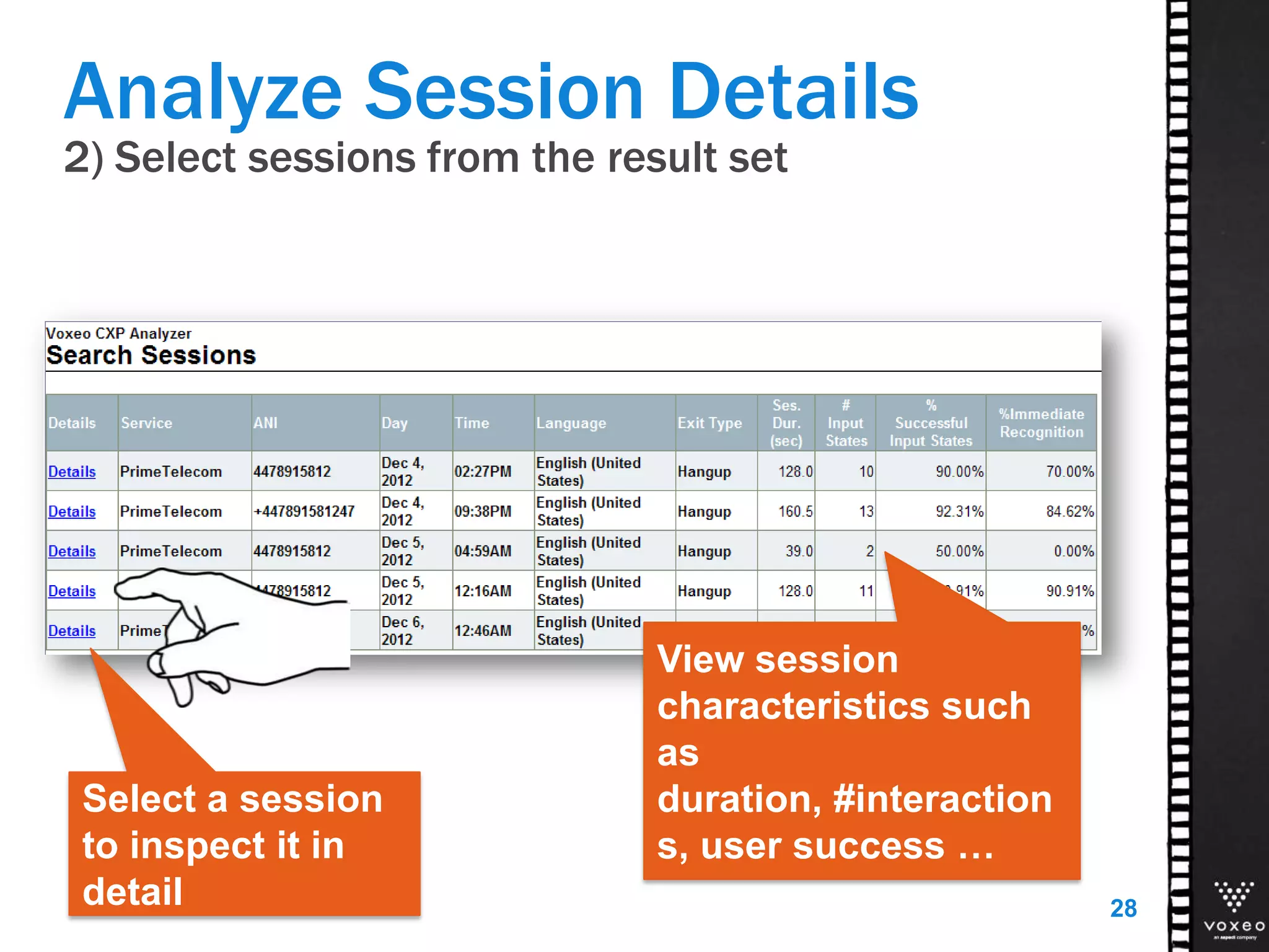 2) Select sessions from the result set
Analyze Session Details
28
View session
characteristics such
as
duration, #interaction
s, user success …
Select a session
to inspect it in
detail
 