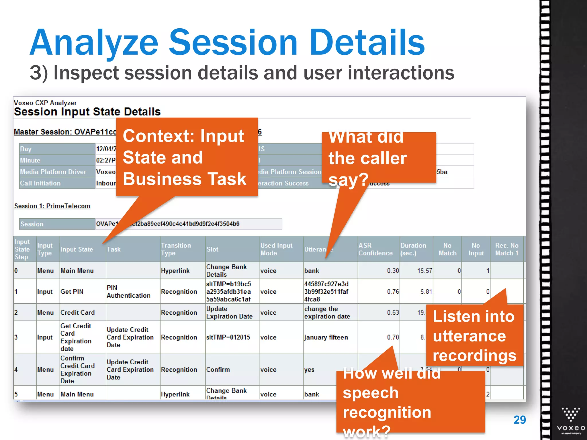 3) Inspect session details and user interactions
Analyze Session Details
29
Context: Input
State and
Business Task
What did
the caller
say?
How well did
speech
recognition
work?
Listen into
utterance
recordings
 