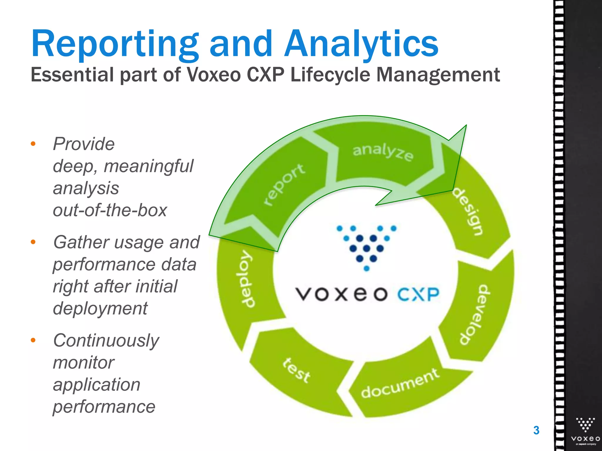 Essential part of Voxeo CXP Lifecycle Management
• Provide
deep, meaningful
analysis
out-of-the-box
• Gather usage and
performance data
right after initial
deployment
• Continuously
monitor
application
performance
3
Reporting and Analytics
 