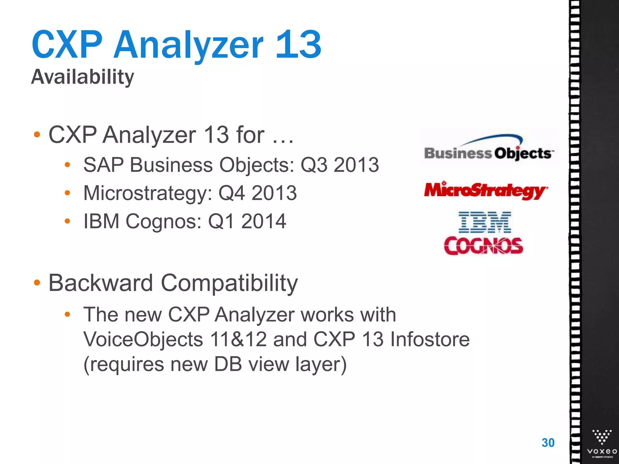 Availability
CXP Analyzer 13
• CXP Analyzer 13 for …
• SAP Business Objects: Q3 2013
• Microstrategy: Q4 2013
• IBM Cognos: Q1 2014
• Backward Compatibility
• The new CXP Analyzer works with
VoiceObjects 11&12 and CXP 13 Infostore
(requires new DB view layer)
30
 