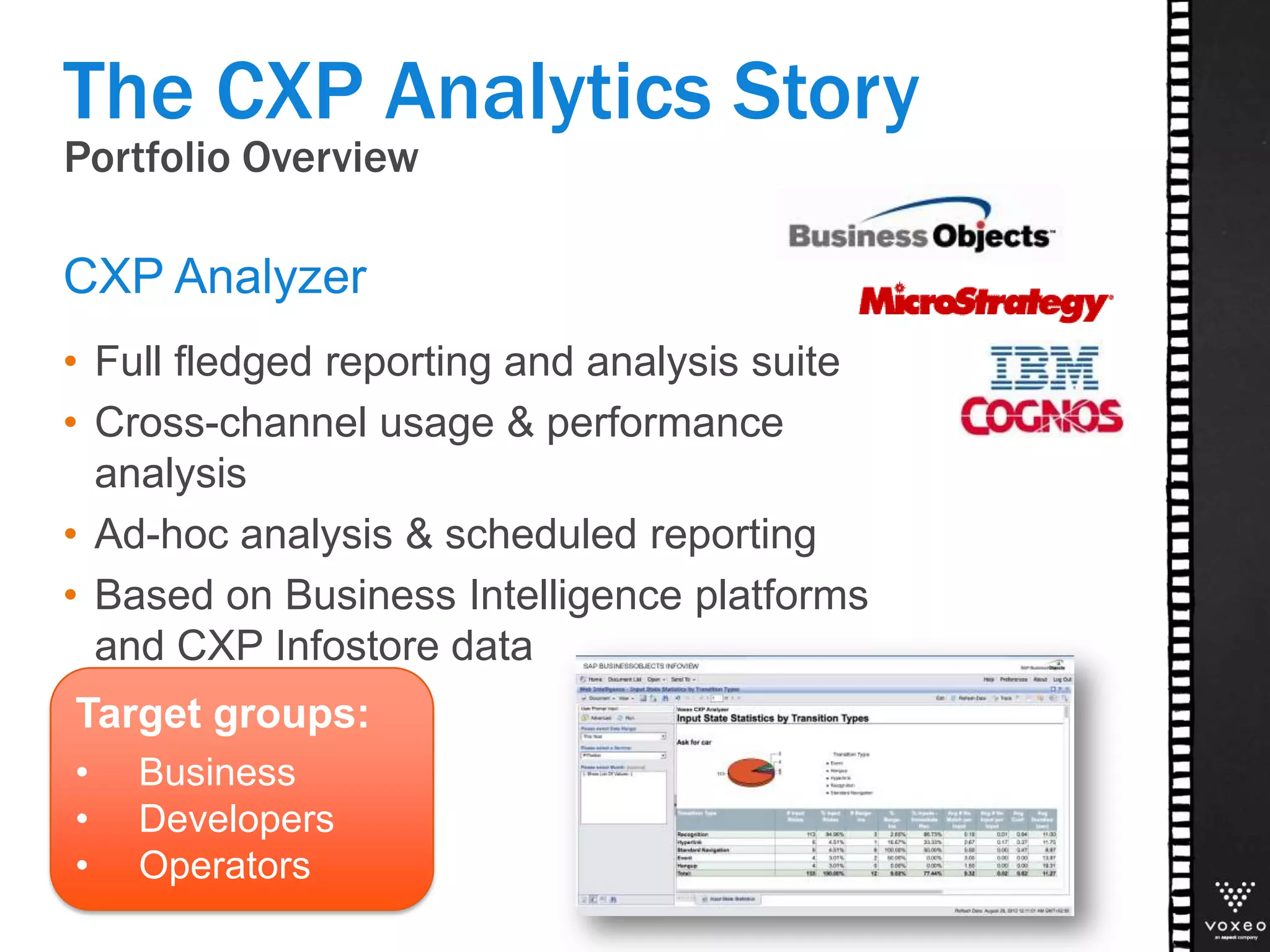 Portfolio Overview
• Full fledged reporting and analysis suite
• Cross-channel usage & performance
analysis
• Ad-hoc analysis & scheduled reporting
• Based on Business Intelligence platforms
and CXP Infostore data
CXP Analyzer
The CXP Analytics Story
Target groups:
• Business
• Developers
• Operators
 