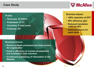Case Study


                                                    Business Impact:
     Profile:
                                                    • 100% reduction of DTP
     • Revenues: $2 billion
                                                    • 50% efficiency gain
     • Employees: 6,737
                                                    • Reduced translation
     • Countries: 8 time zones
                                                      costs by 20%
     • Products: 70+
                                                    • Reduced returns for
                                                      spare parts



     Business Drivers:
     • Reduce multiple processes and tools across
       the organization
     • Achieve efficiency of content development
       and localization cost reduction
     • On-Demand publishing of information to the
       Website


20
 