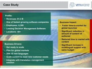 Case Study


 Profile:
• Revenues: $1.3 B
• One of fastest growing software companies   Business Impact:
• Employees: 6,300                            • Faster time-to-market for
• Leading Decision Management Software          global launches
• Locations: 40+                              • Significant reduction in
                                                amount of content of
                                                authored
                                              • Reduced time to market with
                                                content
Business Drivers:
                                              • Significant increase in
• Get ready to scale                            multilingual support with
• Plan for global markets                       same budget
• Add 10 new languages
• Scale content to meet new customer needs
• Integrate with translation management
  solution
 