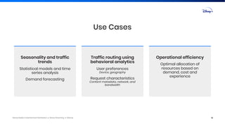 Disney Media & Entertainment Distribution ● Disney Streaming ● ©Disney
Traffic routing using
behavioral analytics
User preferences
Device, geography
Request characteristics
Content metadata, network, and
bandwidth
Use Cases
Seasonality and traffic
trends
Statistical models and time
series analysis
Demand forecasting
Operational efficiency
Optimal allocation of
resources based on
demand, cost and
experience
18
 