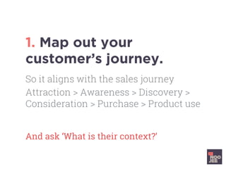 1. Map out your
customer’s journey.
And ask ‘What is their context?’	
So it aligns with the sales journey
Attraction > Awa...