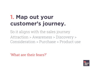 1. Map out your
customer’s journey.
‘What are their fears?’	
So it aligns with the sales journey
Attraction > Awareness > ...