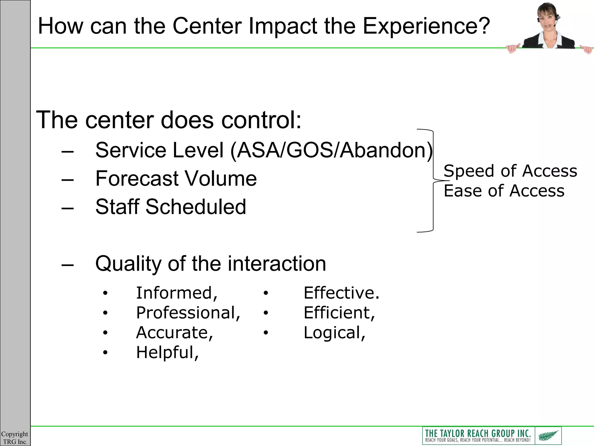 How can the Center Impact the Experience?



            The center does control:
              – Service Level (ASA/GOS/Abandon)
                                                       Speed of Access
              – Forecast Volume
                                                       Ease of Access
              – Staff Scheduled

              – Quality of the interaction
                  •   Informed,       •   Effective.
                  •   Professional,   •   Efficient,
                  •   Accurate,       •   Logical,
                  •   Helpful,



Copyright
TRG Inc.
 