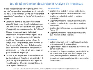 cc-by-nc-sa Author: Bruce Levitan @BruceLevitan, 2 February 2012. Translation (French): Paul Merino @SEUILS, 30 May 2014.
Jeu de Rôle: Gestion de Service et Analyse de Processus
L’idée de cet exercice est de pratiquer un “jeu
de rôle” autour d’un scénario de service simple,
vu des 2 côtés du miroir (points de vue client et
agent) et d’en analyser la “perte” et l’expérience
client.
• L’exemple donné ici peut être facilement
adapté à d’autres services (celui-ci porte sur
une demande d’un-e étudiant-e de lycée ou
d’université) ou autres quantités de “rôlistes”.
• Chaque groupe doit avoir 1 client et 1
observateur, mais le nombre d’agents peut
varier – cet exemple comprend 2 agents.
• Le rôle de l’observateur est de relever le
temps pris à chaque étape, et un modèle est
fourni à cet effet. Au cours de l’observation
seuls les durées unitaires et temps cumulé
sont remplis - le reste est fait après coup, en
guise d'exercice de groupe.
• On met le jeu en place en donnant la carte 1
au client. L'agent #1 détient les cartes 2 et 3
(mais ne regarde que la carte 2). L'agent #2
reçoit les cartes 4-9, mais ne regarde que la
carte 4 pour commencer.
Le Jeu de Rôle
• Le client lit la carte 1 et suit ses instructions.
• L'agent #1 lit la carte 2 et suit ses instructions.
• Le client prend et lit la carte 3 et suit ses
instructions.
• L'agent #2 lit la carte 4 et suit ses instructions.
• Le client prend et lit les cartes 5-6 et suit leurs
instructions.
• Le client donne le nom de son correspondant à
l'agent #2.
• L'agent #2 lit la carte 7 et suit ses instructions,
puis donne la carte 9 au client.
L'Après-Jeu
• L'observateur doit avoir rempli les durée unitaire
et temps cumulé de chaque étape.
• Le groupe doit discuter les durées et identifier les
pertes ensemble.
• Les membres du groupe doivent aussi réfléchir au
vécu de chaque étape, tant du côté agent que
client, et consigner leurs réflexions par écrit.
• Les suites envisageables incluent la re-conception
du processus.
 