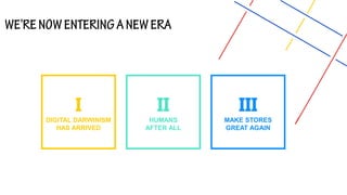 I
DIGITAL DARWINISM
HAS ARRIVED
II
HUMANS
AFTER ALL
III
MAKE STORES
GREAT AGAIN
 