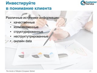 Инвестируйте
в понимание клиента
Различные источники информации:
• качественные
• количественные
• структурированные
• неструктутрированные
• онлайн data
27The trends of Western European Market
 