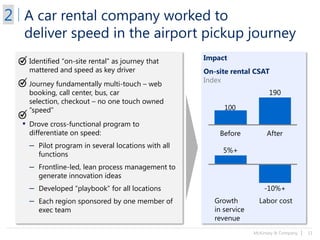 McKinsey & Company | 11
Impact
A car rental company worked to
deliver speed in the airport pickup journey
▪ Identified “on-site rental” as journey that
mattered and speed as key driver
▪ Journey fundamentally multi-touch – web
booking, call center, bus, car
selection, checkout – no one touch owned
“speed”
▪ Drove cross-functional program to
differentiate on speed:
– Pilot program in several locations with all
functions
– Frontline-led, lean process management to
generate innovation ideas
– Developed “playbook” for all locations
– Each region sponsored by one member of
exec team
On-site rental CSAT
Index
Growth
in service
revenue
Labor cost
-10%+
5%+
2
100
AfterBefore
190
 