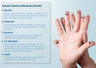 Customer Experience Management Beneﬁts
Attraction
Customer Experience Management generates encouraging world of
mouth for companies that reinforces and spreads viral competencies of
social media, reducing marketing expenditure.
Engagement
An afﬁrmative customer experience engrosses them to the highest
amount. It means they would offer additional attention into the brand
in a long term.
Conversion
The higher amount of engagement leads to the possibility that
prospects would be transformed into brand evangelists.
Low Expenditure
Loyalty
Consumer responses and opinions enable businesses with a rich
understanding of the consumer behavior and knowledge as to what
charms to them best. Prioritizing this would help companies reduce
expenses in avoidable marketing campaigns.
The brand loyalty perpetually expands when consumers start to feel
positive about their communications and exchanges.
 
