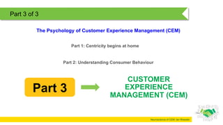 Neuroscience of CEM: Ian Rheeder
Part 2: Understanding Consumer Behaviour
The Psychology of Customer Experience Management (CEM)
Part 3 of 3
CUSTOMER
EXPERIENCE
MANAGEMENT (CEM)
Part 3
Part 1: Centricity begins at home
 