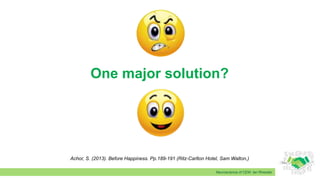 Neuroscience of CEM: Ian Rheeder
Achor, S. (2013). Before Happiness. Pp.189-191 (Ritz-Carlton Hotel, Sam Walton,)
One major solution?
 