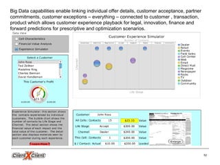 52
Big Data capabilities enable linking individual offer details, customer acceptance, partner
commitments, customer exceptions – everything – connected to customer , transaction,
product which allows customer experience playback for legal, innovation, finance and
forward predictions for prescriptive and optimization scenarios.
 