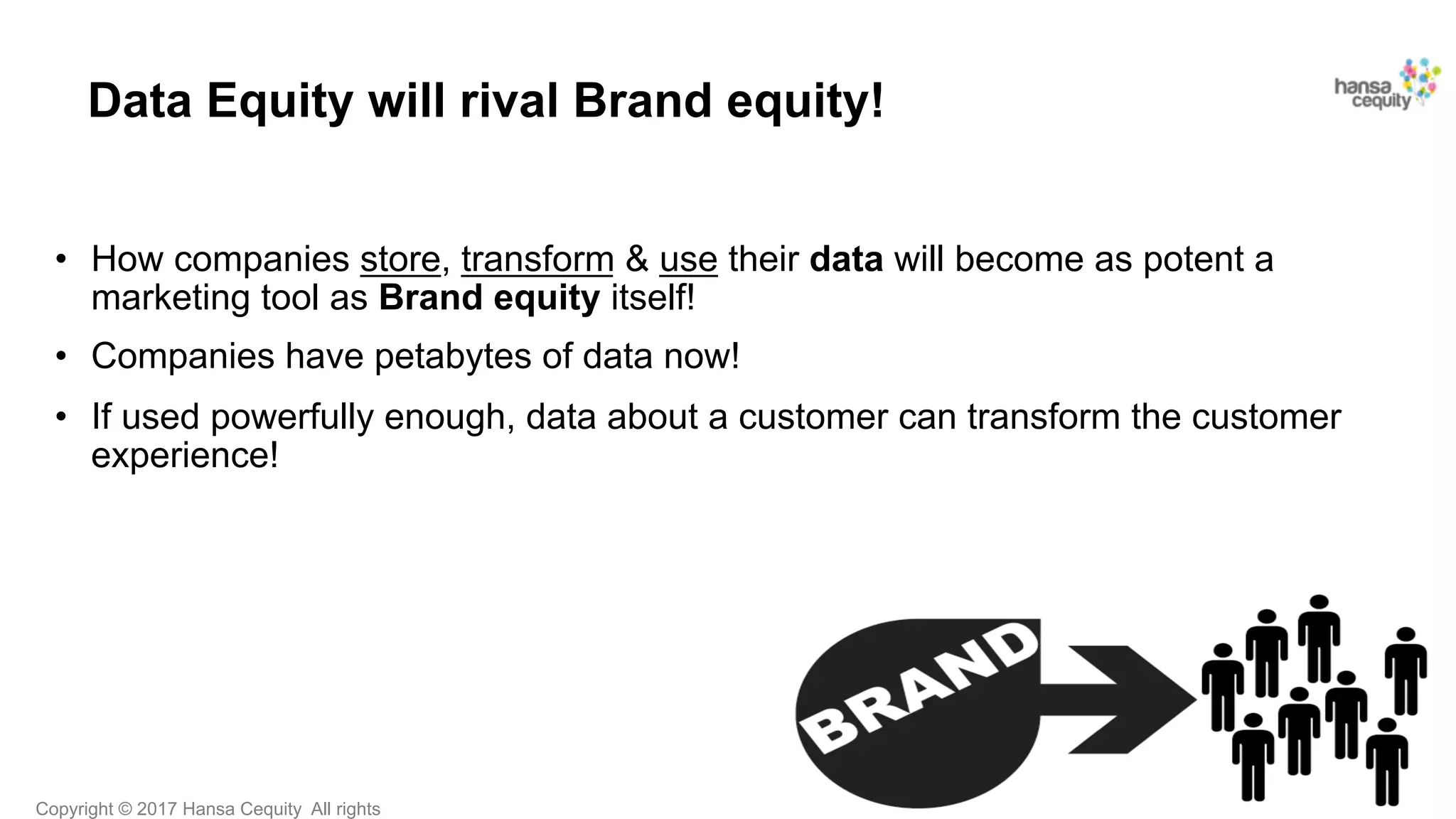 Copyright © 2017 Hansa Cequity All rights
Data Equity will rival Brand equity!
•  How companies store, transform & use their data will become as potent a
marketing tool as Brand equity itself!
•  Companies have petabytes of data now!
•  If used powerfully enough, data about a customer can transform the customer
experience!
 
