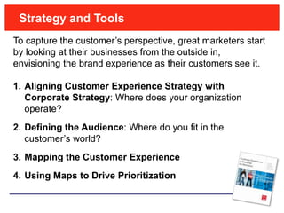Strategy and Tools
To capture the customer’s perspective, great marketers start
by looking at their businesses from the outside in,
envisioning the brand experience as their customers see it.

1. Aligning Customer Experience Strategy with
   Corporate Strategy: Where does your organization
   operate?
2. Defining the Audience: Where do you fit in the
   customer’s world?
3. Mapping the Customer Experience
4. Using Maps to Drive Prioritization
 