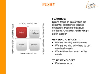 PUSHY
FEATURES:
Strong focus on sales while the
customer experience focus is
neglected. Possible negative
emotions. Customer relationships
are in danger.
GENERAL ATTITUDE:
• We are pushing our solutions
• We are working very hard to get
new businesses
• We tell the client what he/she
needs
TO BE DEVELOPED:
• Customer focus
 