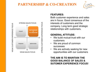 PARTNERSHIP & CO-CREATION
FEATURES:
Both customer experience and sales
are in focus. Good consensus of the
interests of customers and the
company. Long term good strategic
relationships with customers.
GENERAL ATTITUDE:
• We build mutual trust with our
customers
• We are proud of common
successes
• We are actively seeking for new
opportunities with our customers
THE AIM IS TO MAINTAIN THE
GOOD BALANCE OF SALES &
SUTOMER EXPERIENCE FOCUS!
 