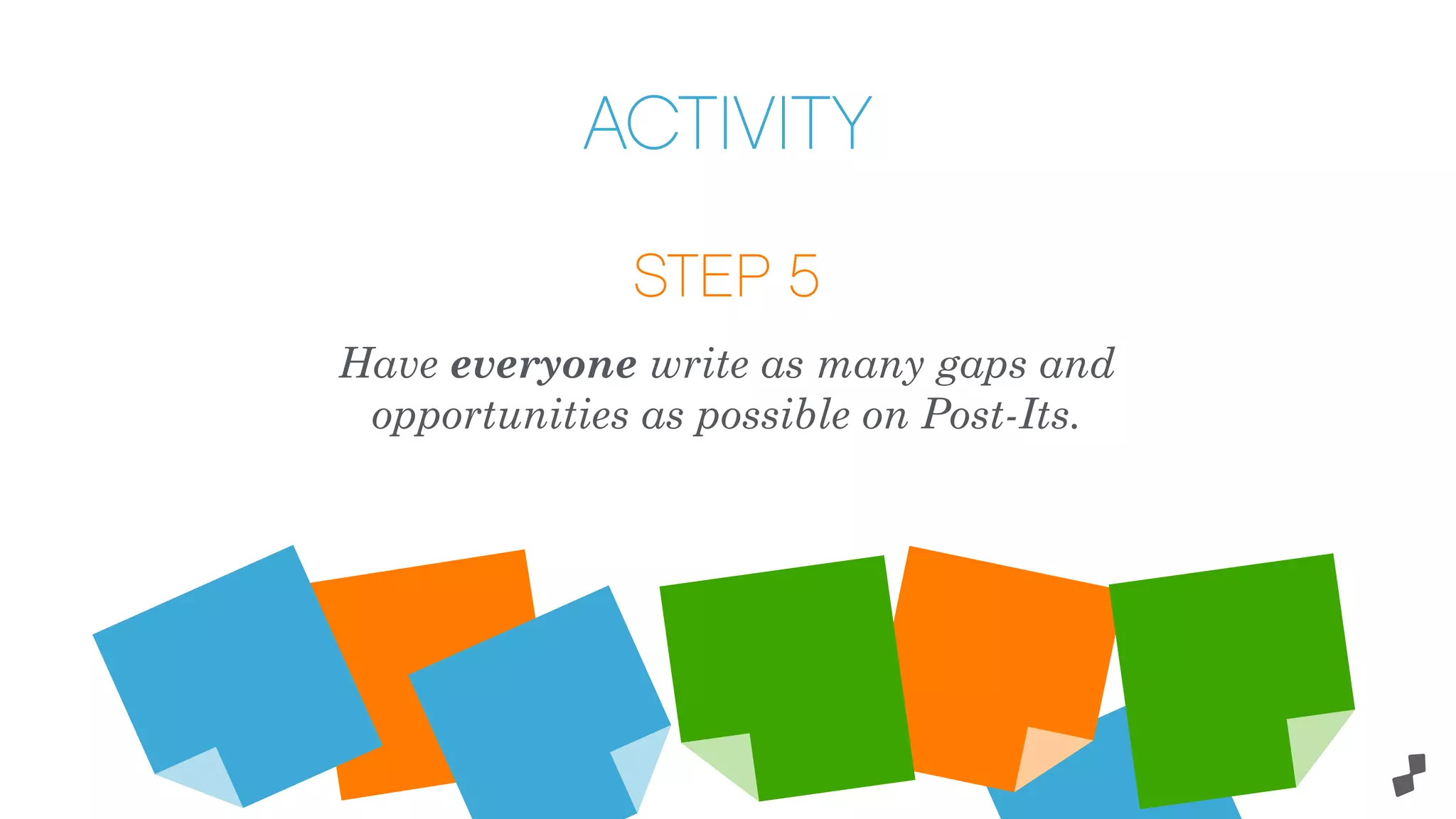 STEP 5
Have everyone write as many gaps and
opportunities as possible on Post-Its.
ACTIVITY
 
