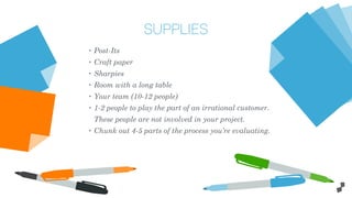 • Post-Its
• Craft paper
• Sharpies
• Room with a long table
• Your team (10-12 people)
• 1-2 people to play the part of an irrational customer.
These people are not involved in your project.
• Chunk out 4-5 parts of the process you’re evaluating.
SUPPLIES
 