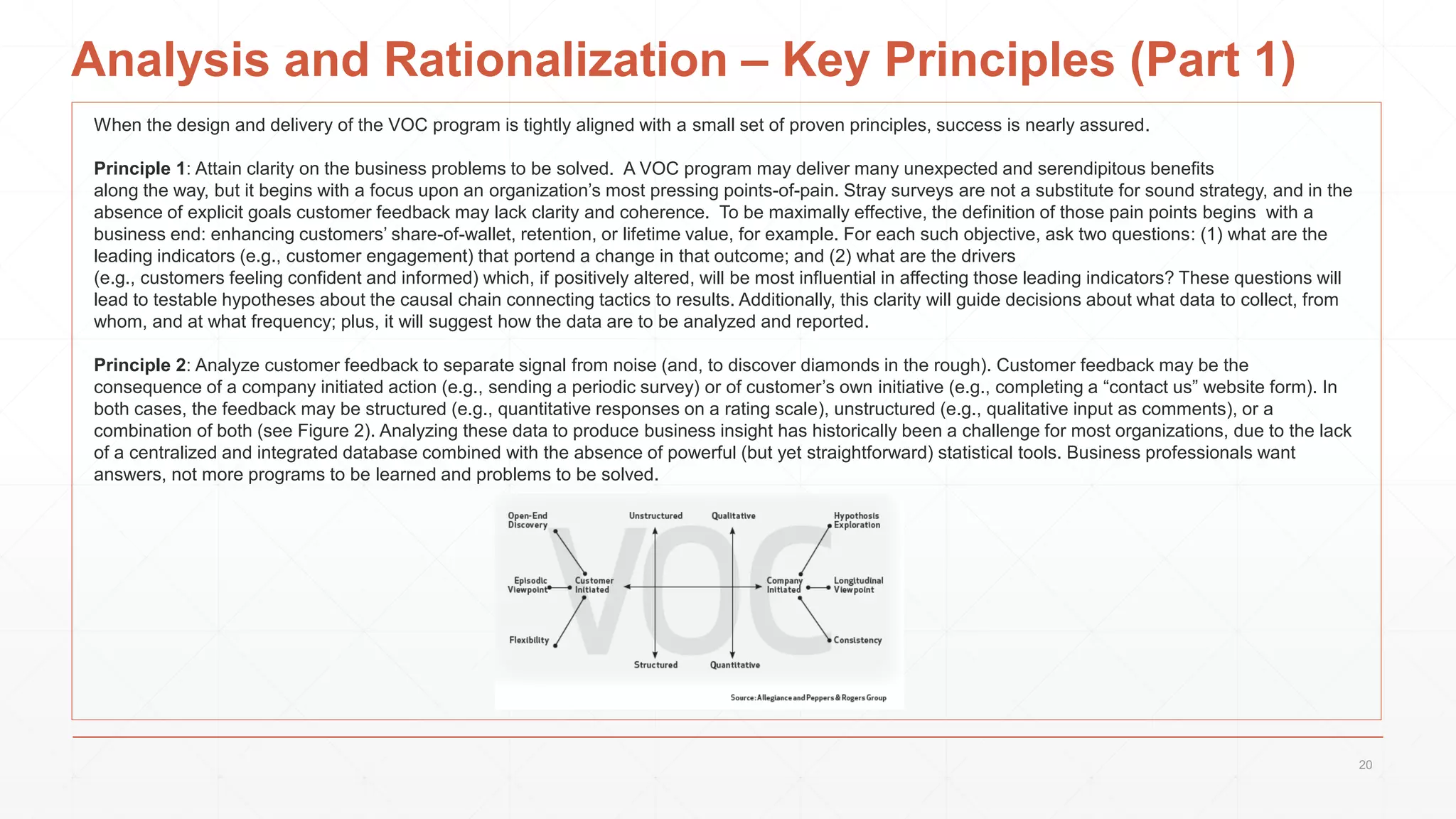 Analysis and Rationalization – Key Principles (Part 1)
When the design and delivery of the VOC program is tightly aligned with a small set of proven principles, success is nearly assured.
Principle 1: Attain clarity on the business problems to be solved. A VOC program may deliver many unexpected and serendipitous benefits
along the way, but it begins with a focus upon an organization’s most pressing points-of-pain. Stray surveys are not a substitute for sound strategy, and in the
absence of explicit goals customer feedback may lack clarity and coherence. To be maximally effective, the definition of those pain points begins with a
business end: enhancing customers’ share-of-wallet, retention, or lifetime value, for example. For each such objective, ask two questions: (1) what are the
leading indicators (e.g., customer engagement) that portend a change in that outcome; and (2) what are the drivers
(e.g., customers feeling confident and informed) which, if positively altered, will be most influential in affecting those leading indicators? These questions will
lead to testable hypotheses about the causal chain connecting tactics to results. Additionally, this clarity will guide decisions about what data to collect, from
whom, and at what frequency; plus, it will suggest how the data are to be analyzed and reported.
Principle 2: Analyze customer feedback to separate signal from noise (and, to discover diamonds in the rough). Customer feedback may be the
consequence of a company initiated action (e.g., sending a periodic survey) or of customer’s own initiative (e.g., completing a “contact us” website form). In
both cases, the feedback may be structured (e.g., quantitative responses on a rating scale), unstructured (e.g., qualitative input as comments), or a
combination of both (see Figure 2). Analyzing these data to produce business insight has historically been a challenge for most organizations, due to the lack
of a centralized and integrated database combined with the absence of powerful (but yet straightforward) statistical tools. Business professionals want
answers, not more programs to be learned and problems to be solved.
20
 