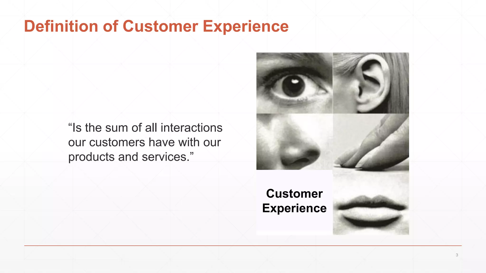 Definition of Customer Experience
“Is the sum of all interactions
our customers have with our
products and services.”
Customer
Experience
3
 