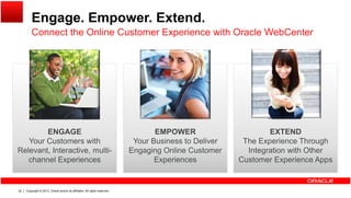 Engage. Empower. Extend.
Connect the Online Customer Experience with Oracle WebCenterConnect the Online Customer Experience with Oracle WebCenter
ENGAGE EMPOWER EXTENDENGAGE
Your Customers with
Relevant, Interactive, multi-
channel Experiences
EMPOWER
Your Business to Deliver
Engaging Online Customer
Experiences
EXTEND
The Experience Through
Integration with Other
Customer Experience Apps
Copyright © 2013, Oracle and/or its affiliates. All rights reserved.32
 