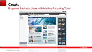 Create
Empower Business Users with Intuitive Authoring ToolsEmpower Business Users with Intuitive Authoring Tools
Copyright © 2013, Oracle and/or its affiliates. All rights reserved.49
 
