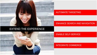 AUTOMATE TARGETING
ENHANCE SEARCH AND NAVIGATION
ENABLE SELF-SERVICE
EXTEND THE EXPERIENCE
INTEGRATE COMMERCE
Copyright © 2013, Oracle and/or its affiliates. All rights reserved.50
INTEGRATE COMMERCE
 