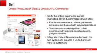Sell
Oracle WebCenter Sites & Oracle ATG CommerceOracle WebCenter Sites & Oracle ATG Commerce
• Unify the online experience across
k ti d i & d i itmarketing-driven & commerce-driven sites:
• Enable a rich commerce online experience &
drive cross-sell & upsell with targeted promotions
• Transform your marketing-driven online
experience with targeting, social computing,
gadgets & mobile
• Integrate content & metadata between the
two systems to present a unified product
view to customers
Copyright © 2013, Oracle and/or its affiliates. All rights reserved.54
 