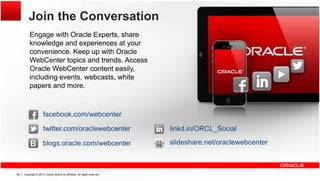 Join the Conversation
Engage with Oracle Experts, share
knowledge and experiences at your
convenience. Keep up with Oracle
WebCenter topics and trends AccessWebCenter topics and trends. Access
Oracle WebCenter content easily,
including events, webcasts, white
papers and more.
facebook.com/webcenter
twitter.com/oraclewebcenter
blogs.oracle.com/webcenter slideshare.net/oraclewebcenter
linkd.in/ORCL_Social
Copyright © 2013, Oracle and/or its affiliates. All rights reserved.69
 