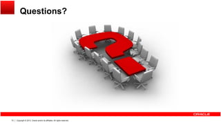 Questions?
Copyright © 2013, Oracle and/or its affiliates. All rights reserved.70
 