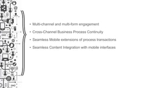 • Multi-channel and multi-form engagement
• Cross-Channel Business Process Continuity
• Seamless Mobile extensions of process transactions
• Seamless Content Integration with mobile interfaces
 