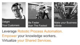 Delight
Your Customers
Be Faster
than The Fastest
Make your Business
Infinite
Leverage Robotic Process Automation.
Empower your knowledge workers.
Virtualize your Shared Services.
 