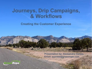 Journeys, Drip Campaigns,
& Workflows
Creating the Customer Experience
Presentation by: Alessandra Ceresa
Email: aceresa@greenrope.com
 