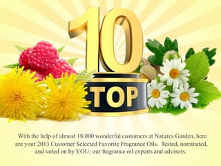 With the help of almost 18,000 wonderful customers at Natures Garden, here
are your 2013 Customer Selected Favorite Fragrance Oils. Tested, nominated,
and voted on by YOU; our fragrance oil experts and advisors.
 