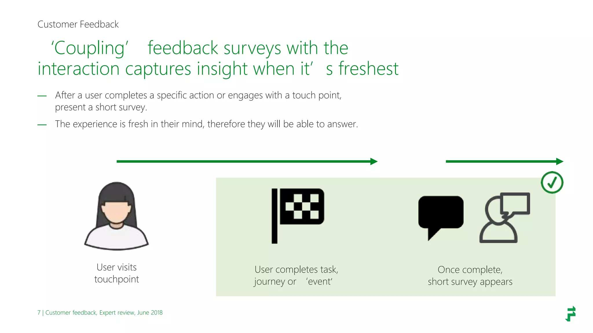 7 | Customer feedback, Expert review, June 2018
‘Coupling’ feedback surveys with the
interaction captures insight when it’s freshest
Customer Feedback
— After a user completes a specific action or engages with a touch point,
present a short survey.
— The experience is fresh in their mind, therefore they will be able to answer.
Once complete,
short survey appears
User visits
touchpoint
User completes task,
journey or ‘event’
 