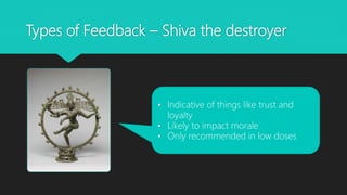 Types of Feedback – Shiva the destroyer
• Indicative of things like trust and
loyalty
• Likely to impact morale
• Only recommended in low doses
 