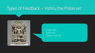 Types of Feedback – Vishnu the Preserver
• Pragmatic
• Balanced
• “Keep it going”
 