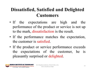 Dissatisfied, Satisfied and Delighted
Customers
• If the expectations are high and the
performance of the product or service is not up
to the mark, dissatisfaction is the result.
• If the performance matches the expectation,
the customer is satisfied.
• If the product or service performance exceeds
the expectations of the customer, he is
pleasantly surprised or delighted.
Dr.S.Rajakarunakaran, Mr.G.Prabu ram, 
Mr.P,.Pavithran/TQM
12
 