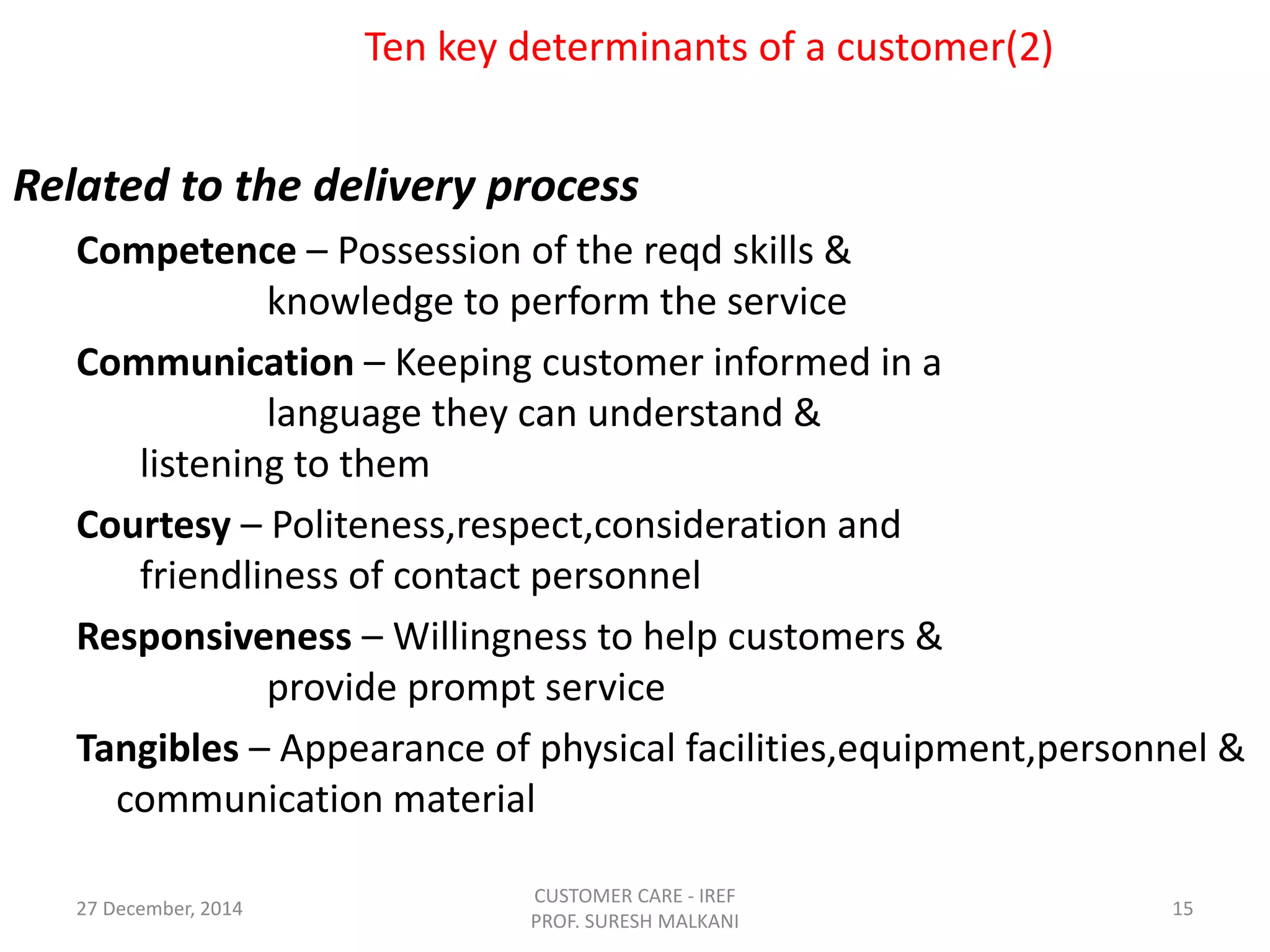 Ten key determinants of a customer(2)
Related to the delivery process
Competence – Possession of the reqd skills &
knowledge to perform the service
Communication – Keeping customer informed in a
language they can understand &
listening to them
Courtesy – Politeness,respect,consideration and
friendliness of contact personnel
Responsiveness – Willingness to help customers &
provide prompt service
Tangibles – Appearance of physical facilities,equipment,personnel &
communication material
27 December, 2014
CUSTOMER CARE - IREF
PROF. SURESH MALKANI
15
 