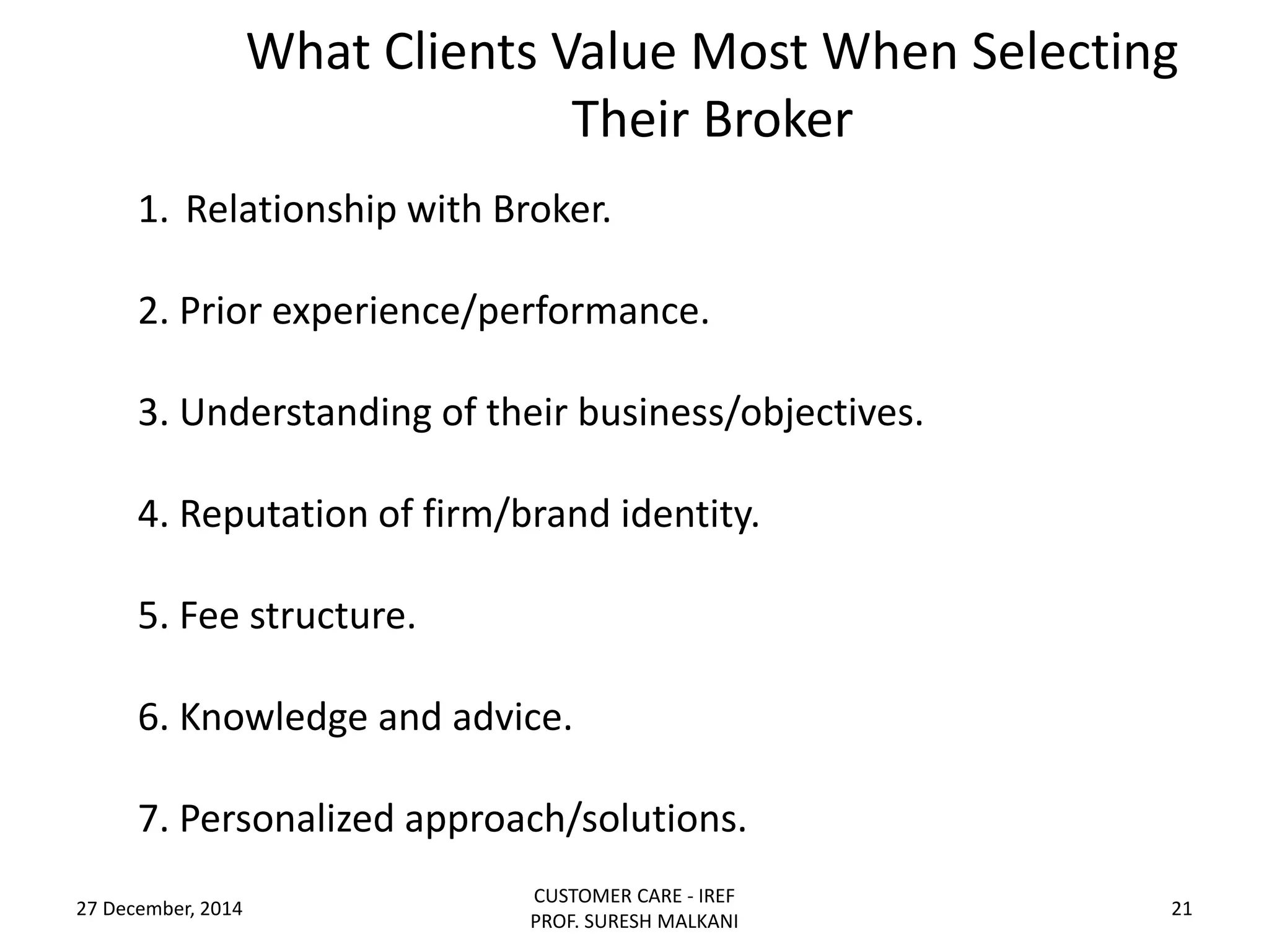 What Clients Value Most When Selecting
Their Broker
27 December, 2014
CUSTOMER CARE - IREF
PROF. SURESH MALKANI
21
1. Relationship with Broker.
2. Prior experience/performance.
3. Understanding of their business/objectives.
4. Reputation of firm/brand identity.
5. Fee structure.
6. Knowledge and advice.
7. Personalized approach/solutions.
 